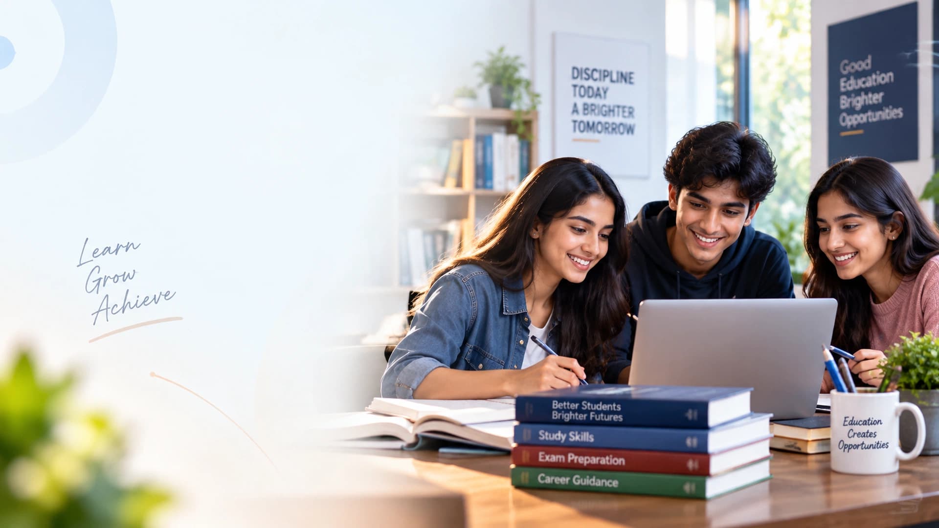 Students working through textbooks and a laptop together at a study table in a bright classroom