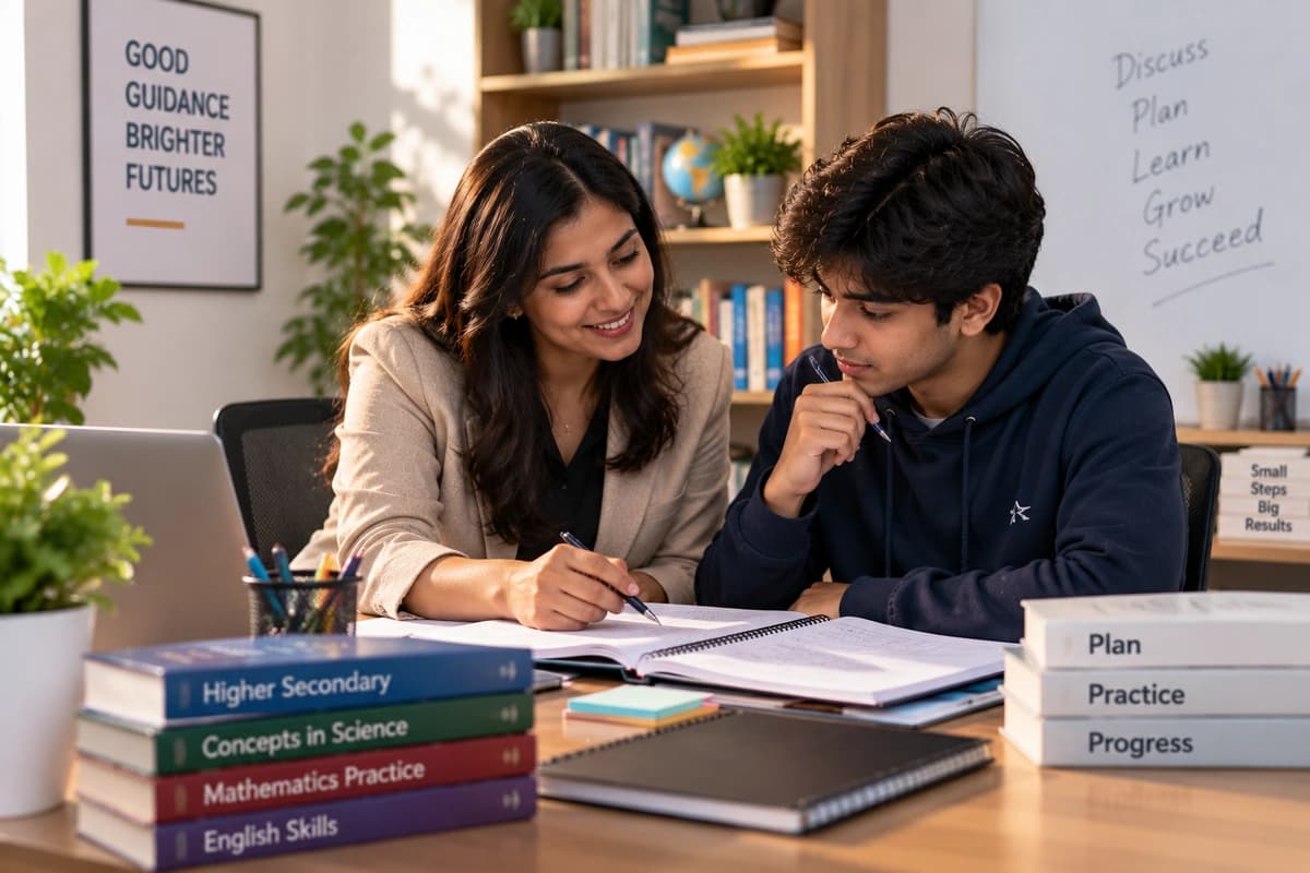A teacher explaining a worked solution to a student at a study table in the institute
