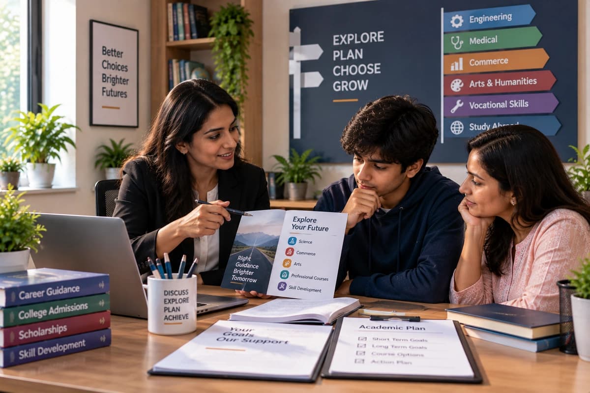 A student and a parent talking through an academic plan across a meeting table