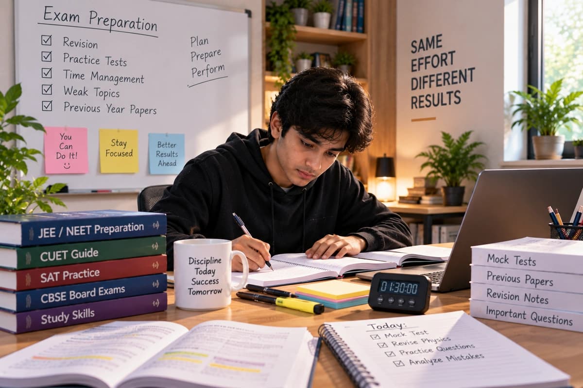 A student revising with practice papers, notes and a timer while preparing for examinations