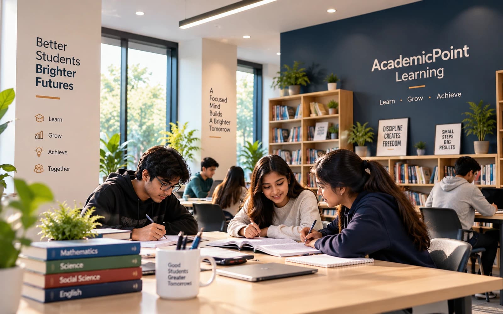 Students working at a shared study table in a bright, well-organised study room lined with bookshelves
