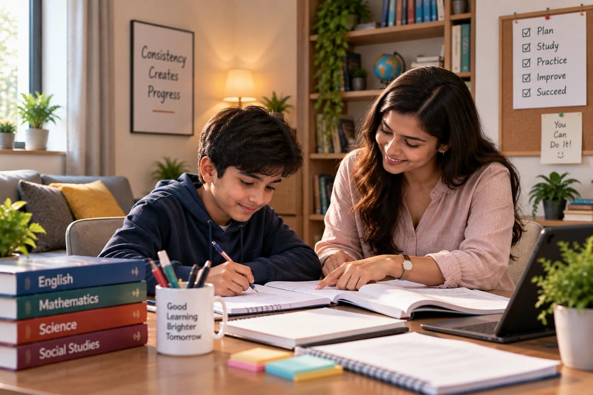 A tutor giving one-to-one attention to a student working through exercises at a quiet study table