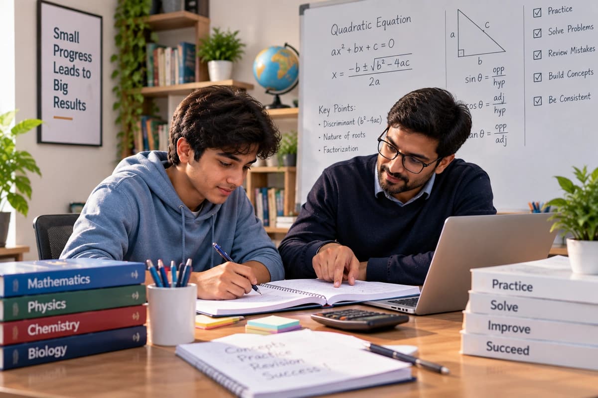 A senior secondary student working through subject notes with a teacher at the institute